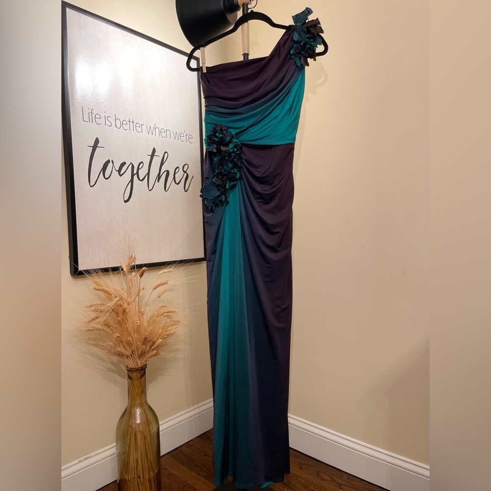 Green / Dark Purple One Shoulder Maxi Evening Dress